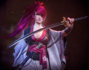 Samurai Girl, kimono, black, red hair, long hair, lady, abstract, rude, fantasy woman, female, art, sword, beautiful, woman, fantasy, red, weapon, katana HD wallpaper