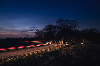 Turn, road, light trails, night HD wallpaper