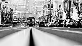 Downhill for Tram 52, san francisco, graph, black and white, tram HD wallpaper