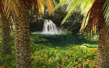 Tropical Waterfall, tropical, green, trees, waterfalls, forests, nature, palm trees HD wallpaper