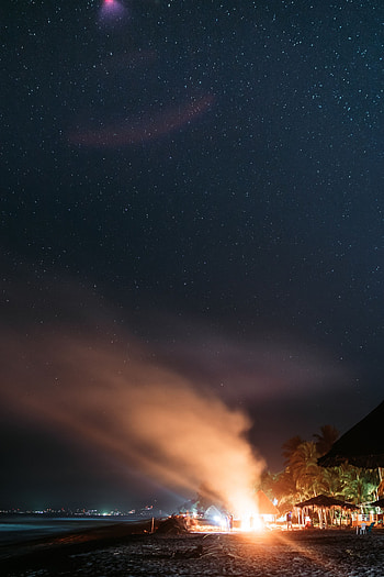 Nature, Smoke, Bonfire, Night, Beach, Palms, Bright, Starry Sky HD phone wallpaper