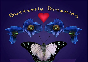 Butterfly Dreaming, words, butterfly, art, red heart, blue flowers HD wallpaper