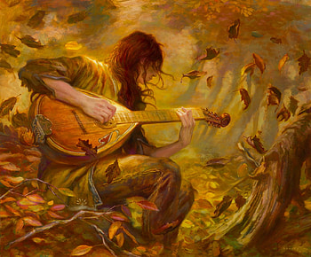 Kvothe, lute, art, girl, orange, instrument, fantasy, donato giancola, autumn, luminos, redhead, leaf, forest HD wallpaper
