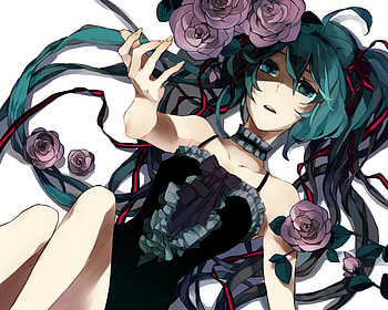Hatsune Miku, vocaloid, long hair, dress, ahoge, miku, tomera, flower, hatsune, aqua eyes, hair flower, roses, ribbon, choker, anime, aqua hair, pixiv id 1122721, hair ribbon HD wallpaper