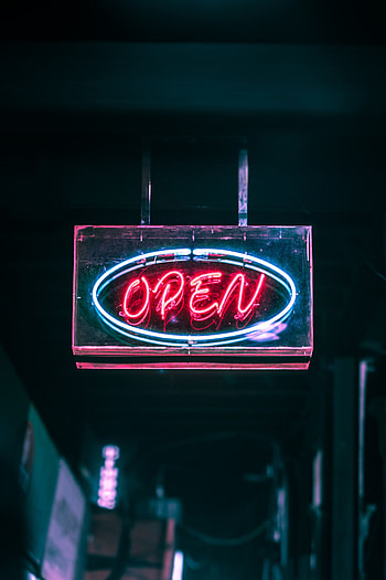 Words, Neon, Backlight, Illumination, Glow, Text, Sign, Signboard, Open HD phone wallpaper