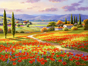 Poppy field, colorful, peaceful, walk, serenity, poppies, painting, Tuscan, hills, art, slope, path, meadow, beautiful, summer, field, freshness, nature, sky, calmness HD wallpaper