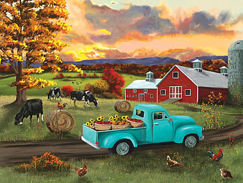 Fall Sunset at the Barn, car, cows, painting, landscape, clouds, trees, sky HD wallpaper