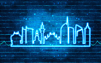 Milan blue neon silhouette, , blue neon lights, Milan skyline silhouette, blue brickwall, italian cities, neon skyline silhouettes, Italy, Milan silhouette, Milan HD wallpaper