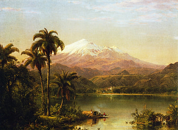 Tamaca, art, mountain, palm tree, painting, pictura, luminos, water, frederic edwin church HD wallpaper