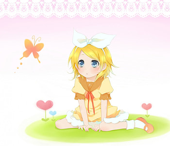 ~Rin Kagamine~, colorful, Rin Kagamine, anime, butterfly, hearts, vocaloid, dress HD wallpaper