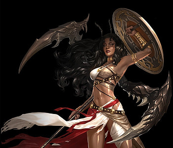 Astrel, black, art, fantasy, girl, warrior, shield, angel, demon, eudia chae HD wallpaper