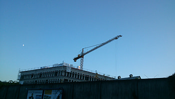 Construction in the Evening, Dusk, graphy, , Foto, Moon, Wall, Construction Vehicle, Vehicle, Construction, graph, Building, Crane, Moonrise, Construction Crane, Outside, Snapshot HD wallpaper