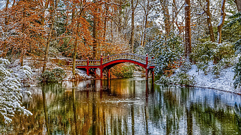 Landscape View Of Bridge Above River Surrounded By Snow Covered Autumn Trees Reflection On Water Nature HD wallpaper