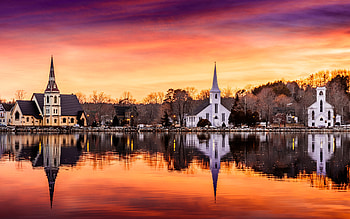 Churches, water, church, sunset, lake HD wallpaper