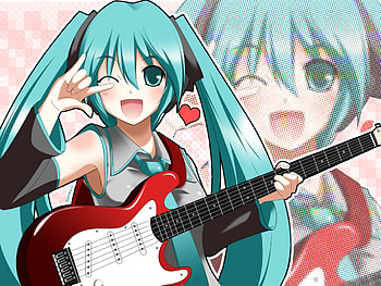 Miku Hatsune, miku, anime, smile, guitar, blushing, vocaloid HD wallpaper