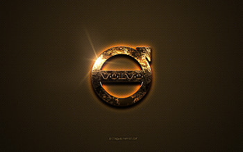 Volvo golden logo, artwork, brown metal background, Volvo emblem, Volvo logo, brands, Volvo HD wallpaper