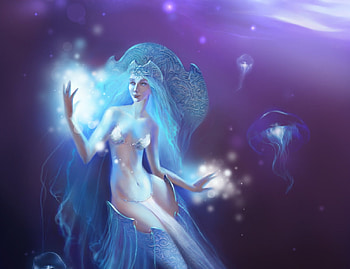 Mermaid, blue, summer, purple, sirena, fantasy, jellyfish, girl HD wallpaper