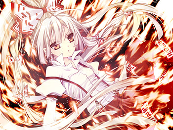 Mokou, fujiwara no mokou, white hair, ribbons, touhou, red eyes, long hair, fire HD wallpaper