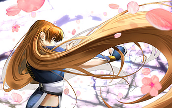 Kasumi, beautiful girl, dead or alive, sakura petals, long hair, armor, female warrior, anime, fantasy, original, anime warrior HD wallpaper