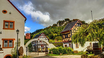 lovely countryside cafe in gerolstein germany r, cafe, yard, gate, r, houses, hill, countryside HD wallpaper