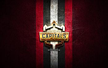 Bratislava Capitals, golden logo, ICE Hockey League, purple metal background, austrian hockey team, Bratislava Capitals logo, hockey HD wallpaper
