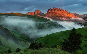 mountain valley, fog, morning, sunrise, rocks, mountain landscape, rainbow, mountains HD wallpaper