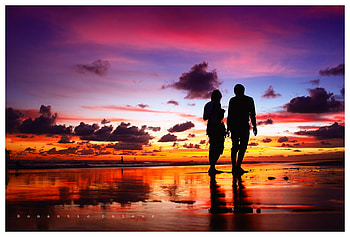 A Romantic Walk, couple, colors, romantic, sunset, beach HD wallpaper