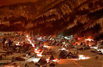 Winter Night, winter, hills, houses, village HD wallpaper