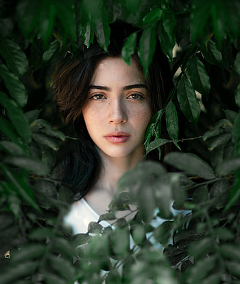 Pretty woman, face, portrait, leaves HD phone wallpaper