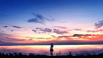 Art, Sea, Twilight, Horizon, Silhouette, Dusk, Girl HD wallpaper