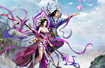 Fantasy couple, blue, warlock, sorceress, man, girl, woman, purple, pink, fantasy, love, prince, couple, game, princess HD wallpaper
