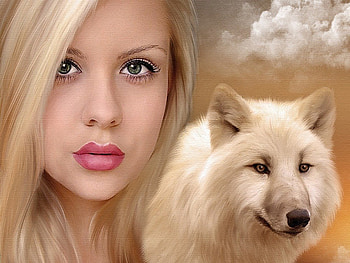 Beauty and the white Wolf, white, wolf, woman, beauty HD wallpaper