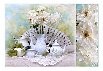 Fantastic, creamer, white, floral, fruits, lace, chinese writing, cup, china, fan, still life, grap, vases, flowers HD wallpaper