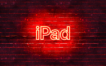 IPad red logo, , red brickwall, IPad logo, Apple iPad, brands, IPad neon logo, IPad HD wallpaper