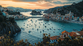 seaside, town, boat, dusk, bay HD wallpaper