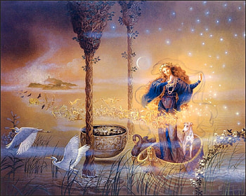 Priestess of Avalon, bird, art, fantasy, girl, pasari, water, blue, yellow, kinuko y craft HD wallpaper