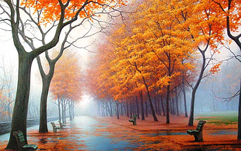 Alley, Nature, Trees, Art, Autumn, Park, Fog, Asphalt, Leaf Fall, Fall, Haze, Painting, Track, Steam, Benches HD wallpaper