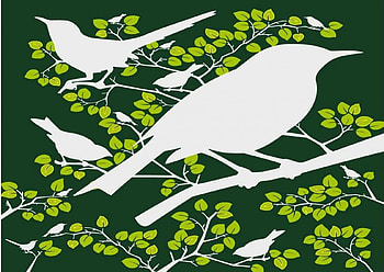 Birds on Green, branches, art, white silhouette bird, green flowers HD wallpaper