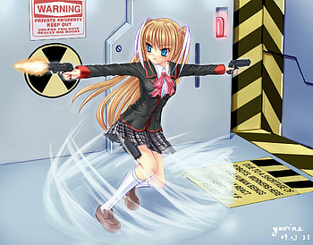 tokido saya, skirt, little busters, blue eyes, girl, long hair, spread arms, high res, weapon, gun, white socks, blonde hair, fire, warning sign HD wallpaper