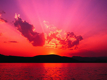 3d winter, pink, red, sky, water, sun, mountain HD wallpaper