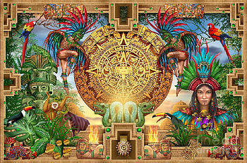 Aztec Mayhem Montage, digital, symbols, parrots, painting, art HD wallpaper