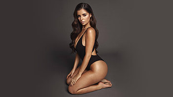 Demi Rose Mawby, brunette, model, feet, one-piece, dark background, studio HD wallpaper