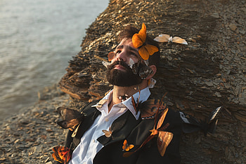 Remnants of you, sea, summer, butterfly, man, stone, orange, rock HD wallpaper
