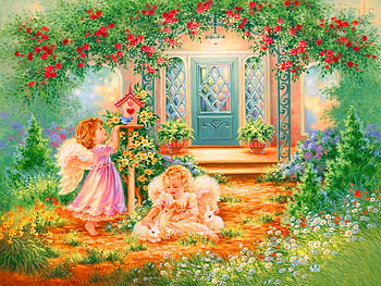 Angels, wings, house, garden, girls, flowers, andels, play HD wallpaper