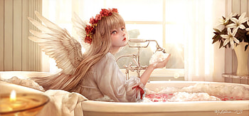 Angel, bath, fantasy, yellow, girl, mu ke, muke HD wallpaper