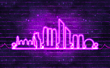 Abu Dhabi violet neon silhouette, , violet neon lights, Abu Dhabi skyline silhouette, violet brickwall, UAE cities, neon skyline silhouettes, UAE, Abu Dhabi silhouette, Abu Dhabi, United Arab Emirates HD wallpaper