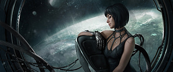 Space window, fantasy, art, window, planet, aimee lynette, space, cosmos, girl, dark HD wallpaper