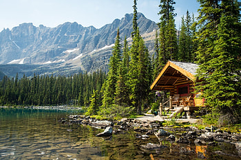 Rocky Mountain Cabin, Lake O'Hara, Canada, trees, yoho national park, water, rocks, British Columbia HD wallpaper