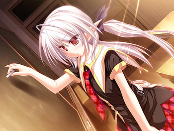 Suzu, game cg, white hair, red eyes, blush, school, elf HD wallpaper
