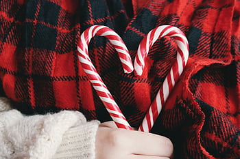 Close-up of a heart made from candy canes on a plaid blanket, perfect for winter holidays. HD wallpaper